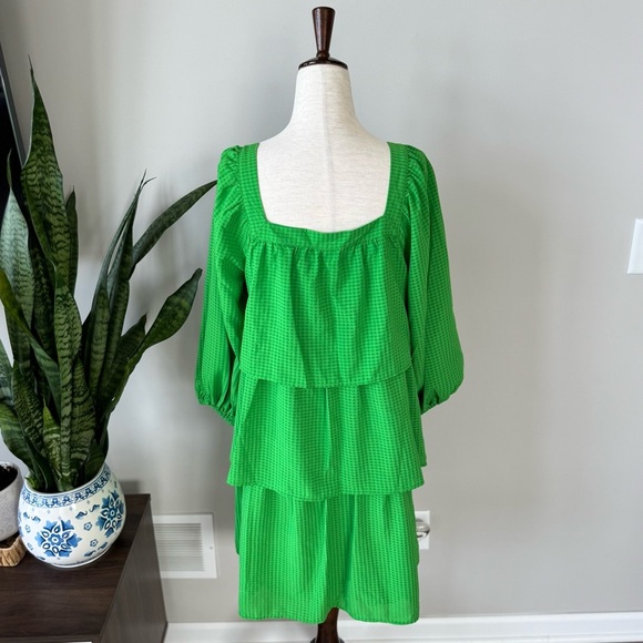 NWT! Square Neck Checkered Tier Layer Bubble Sleeve Dress - Color: Online Lime - Picture 2 of 10